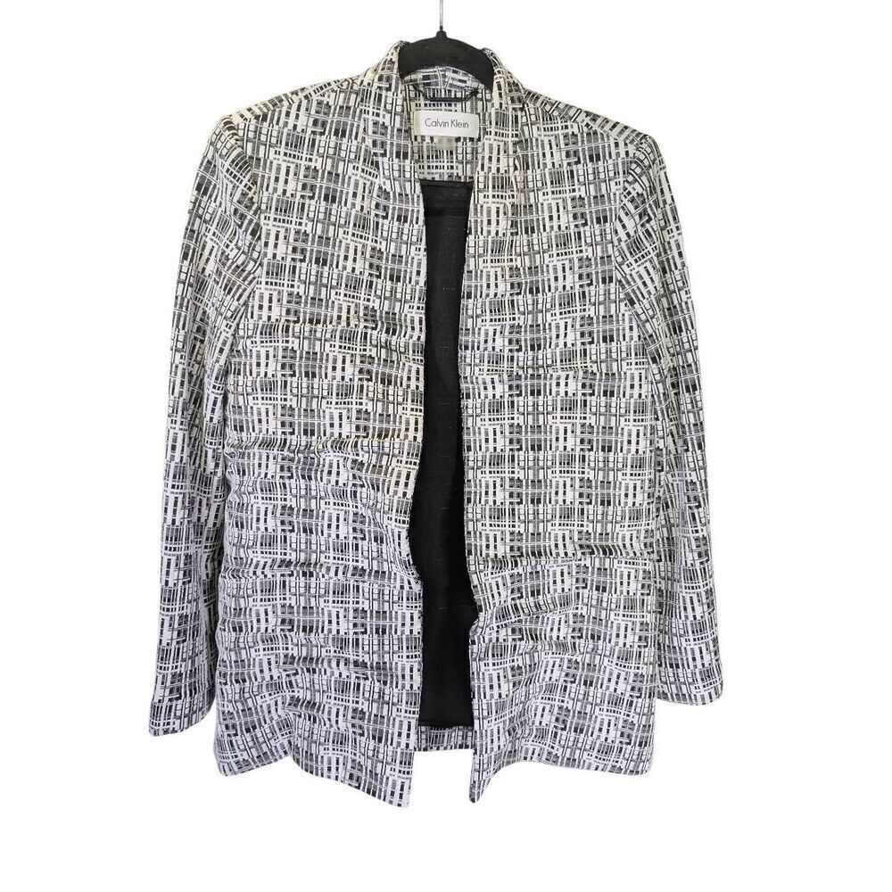 CALVIN KLEIN Classy Blazer Open Jacket Black White Jacquard Textured Stretch Bla